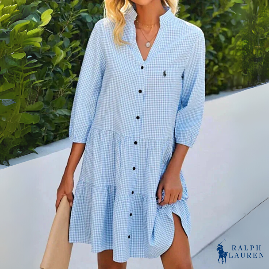 Robe Chemise Gingham d'Été à Col V et Boutonnage