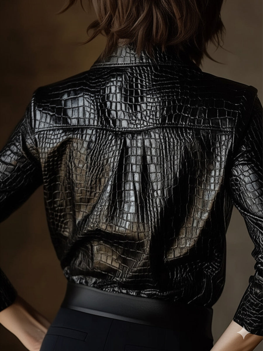 Chemise Noire Brillante En Cuir Crocodile Gaufré