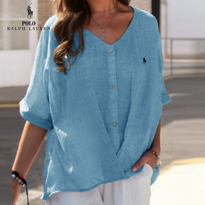 Chemise en lin à col en V et volant pour femme RL