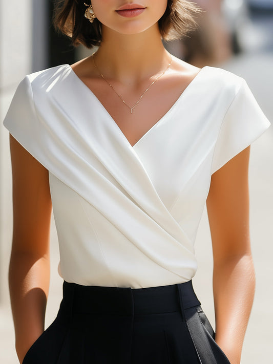 Blouse Élégante Sans Manches À Col V Plissé