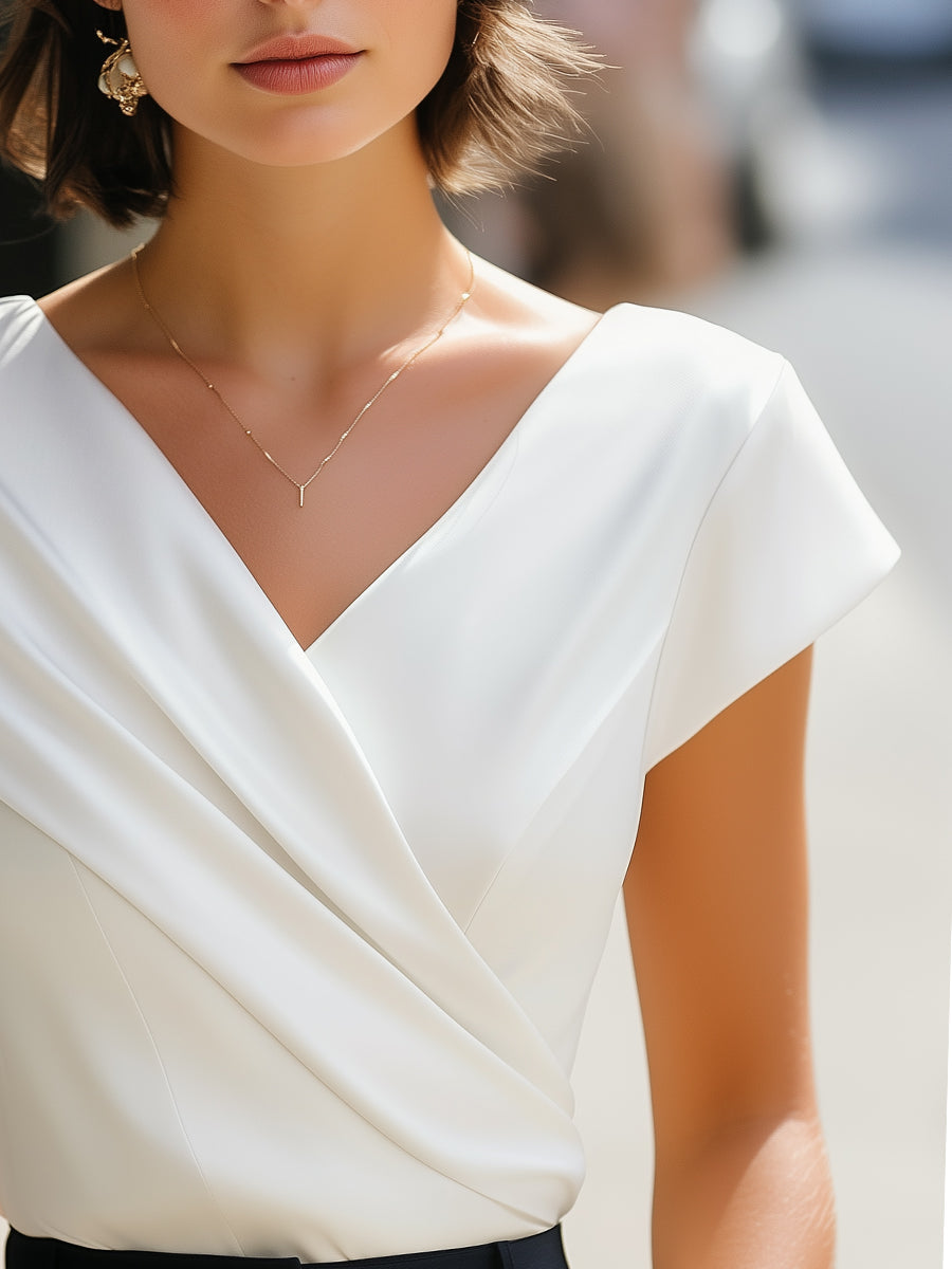 Blouse Élégante Sans Manches À Col V Plissé