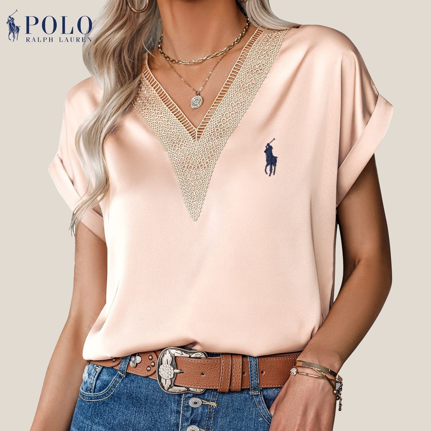 Blouse en satin avec dentelle et décolleté en V de Ralph Lauren