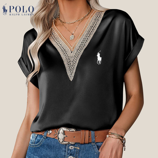 Blouse en satin avec dentelle et décolleté en V de Ralph Lauren