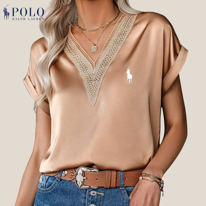 Blouse en satin avec dentelle et décolleté en V de Ralph Lauren