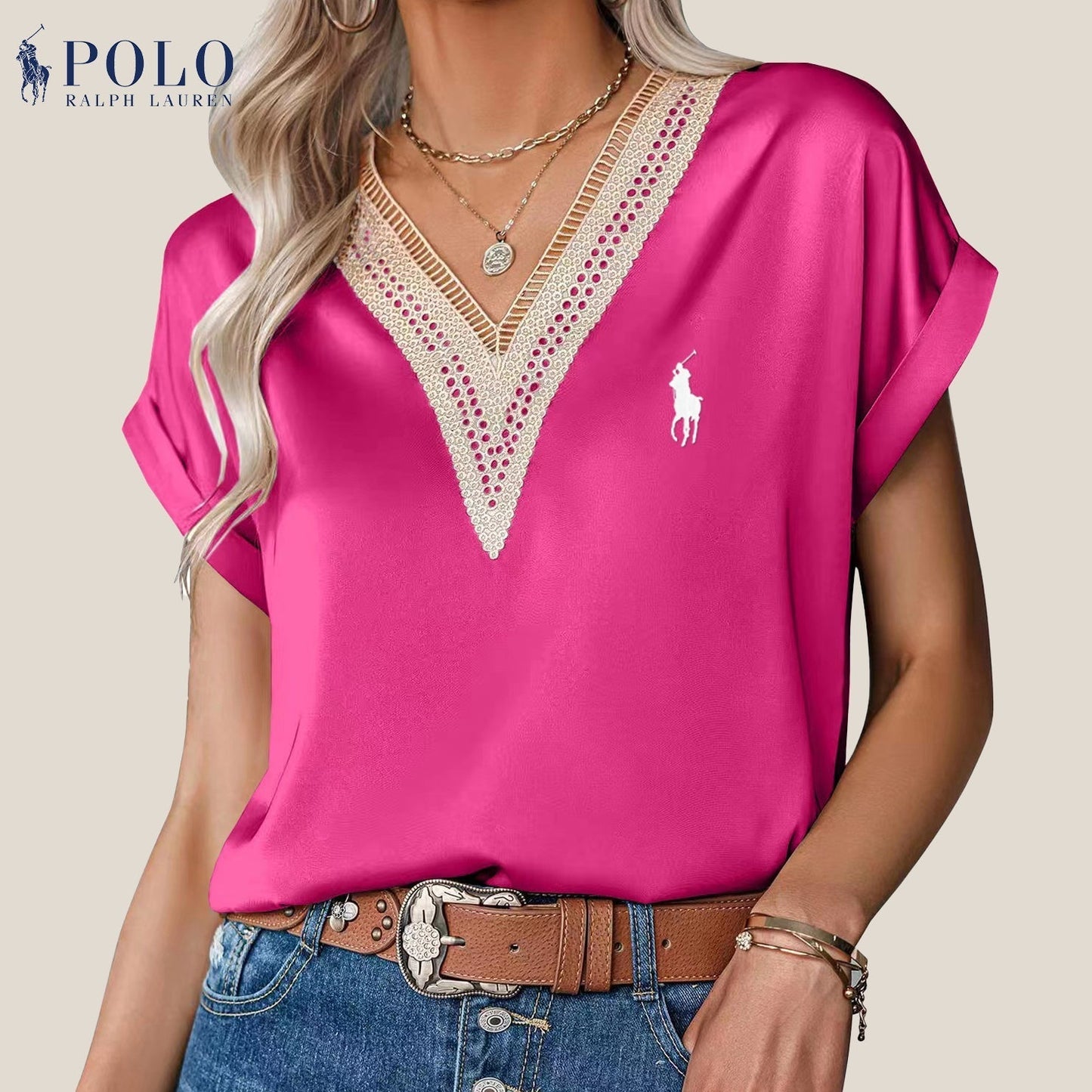 Blouse en satin avec dentelle et décolleté en V de Ralph Lauren