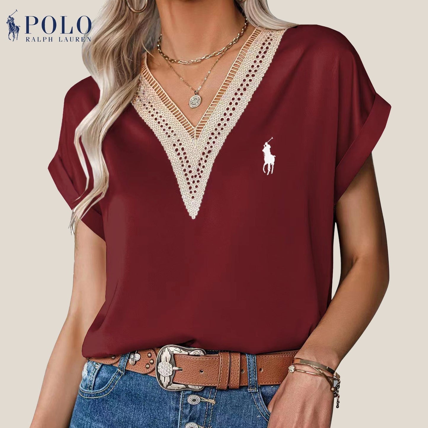 Blouse en satin avec dentelle et décolleté en V de Ralph Lauren