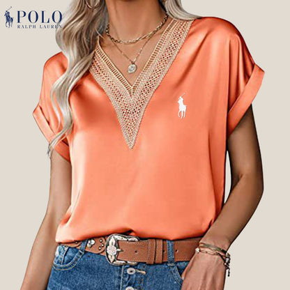 Blouse en satin avec dentelle et décolleté en V de Ralph Lauren