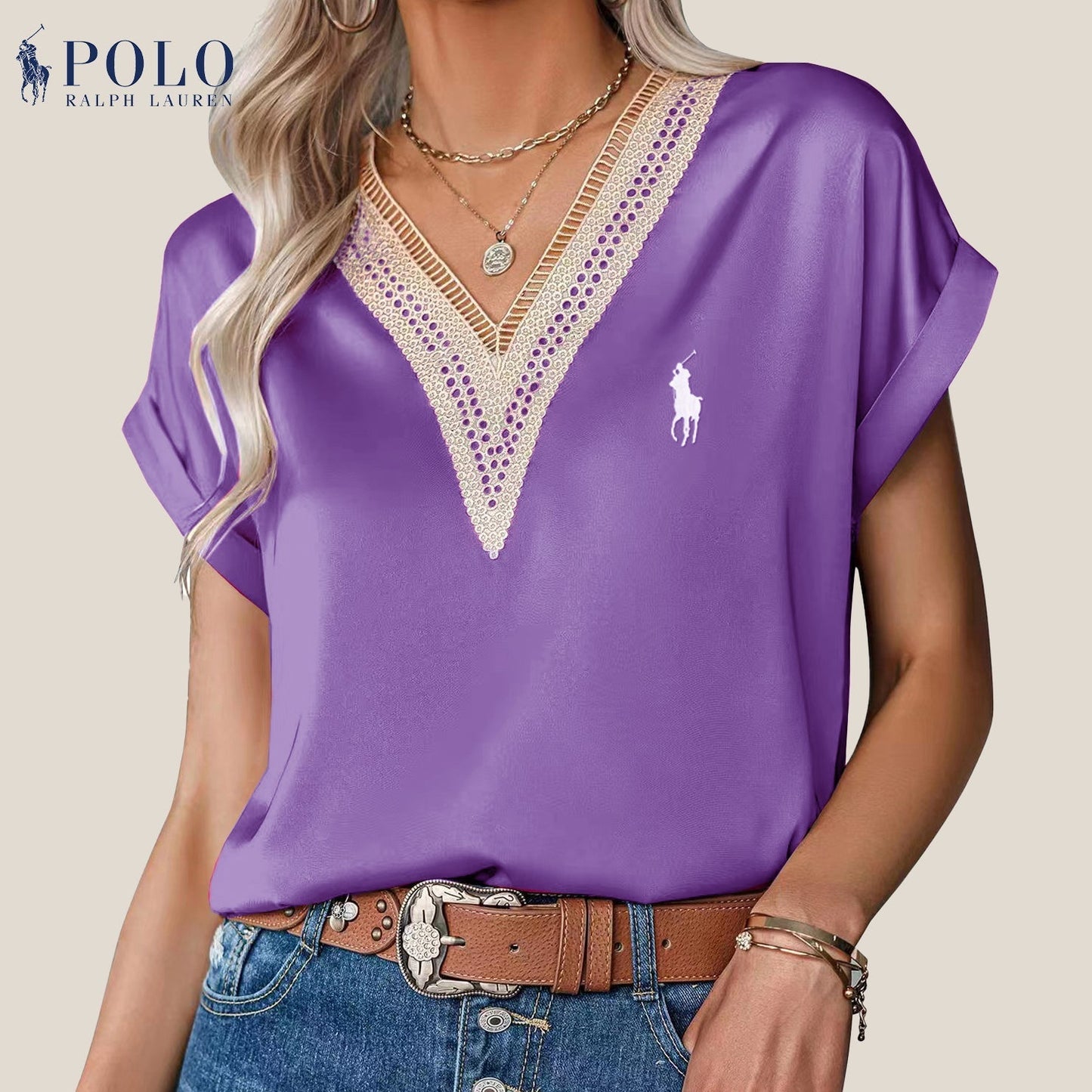 Blouse en satin avec dentelle et décolleté en V de Ralph Lauren