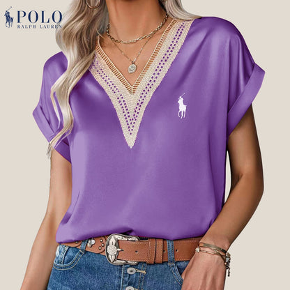 Blouse en satin avec dentelle et décolleté en V de Ralph Lauren