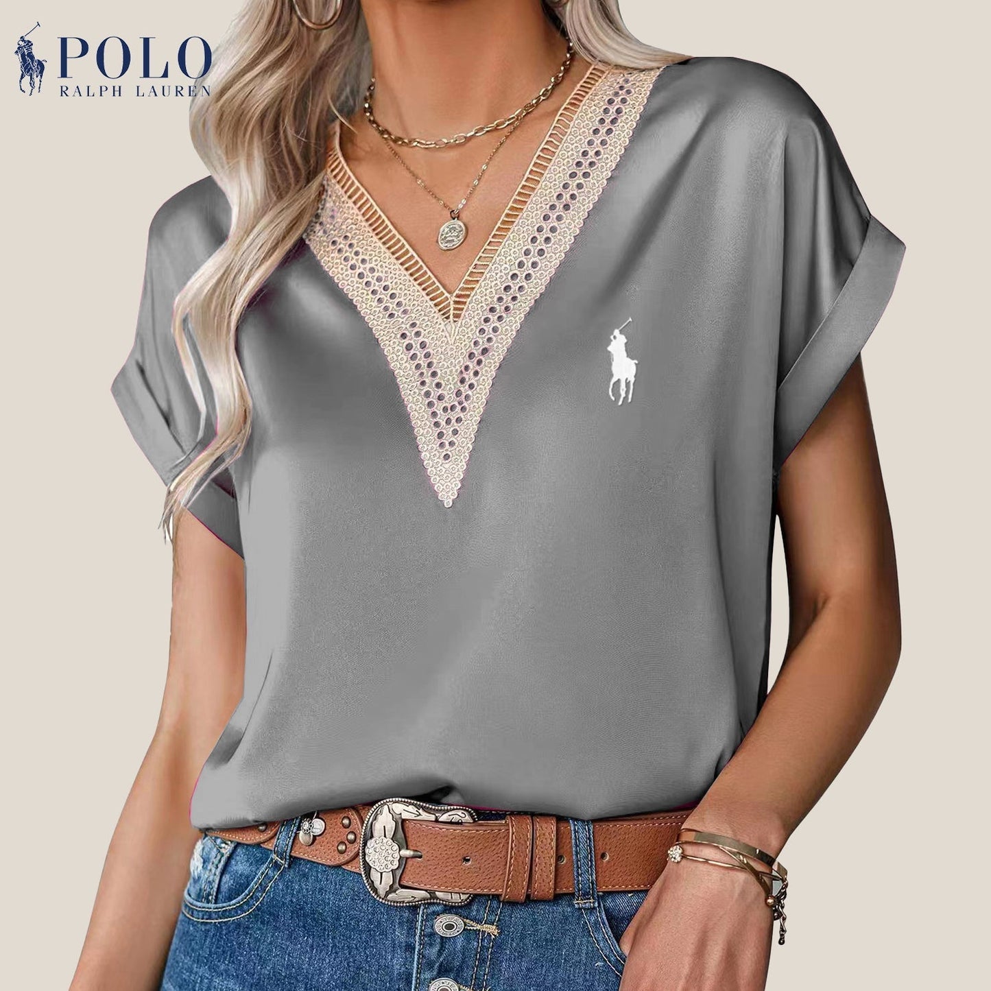 Blouse en satin avec dentelle et décolleté en V de Ralph Lauren