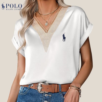 Blouse en satin avec dentelle et décolleté en V de Ralph Lauren