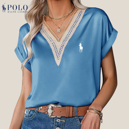 Blouse en satin avec dentelle et décolleté en V de Ralph Lauren