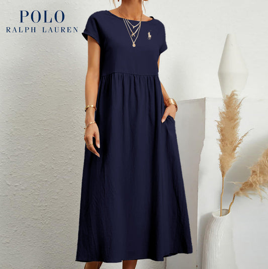Robe ample en coton et lin, manches courtes, couleur unie, avec poches, col rond et plis