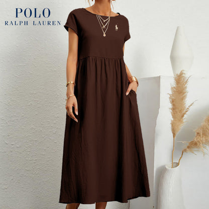Robe ample en coton et lin, manches courtes, couleur unie, avec poches, col rond et plis