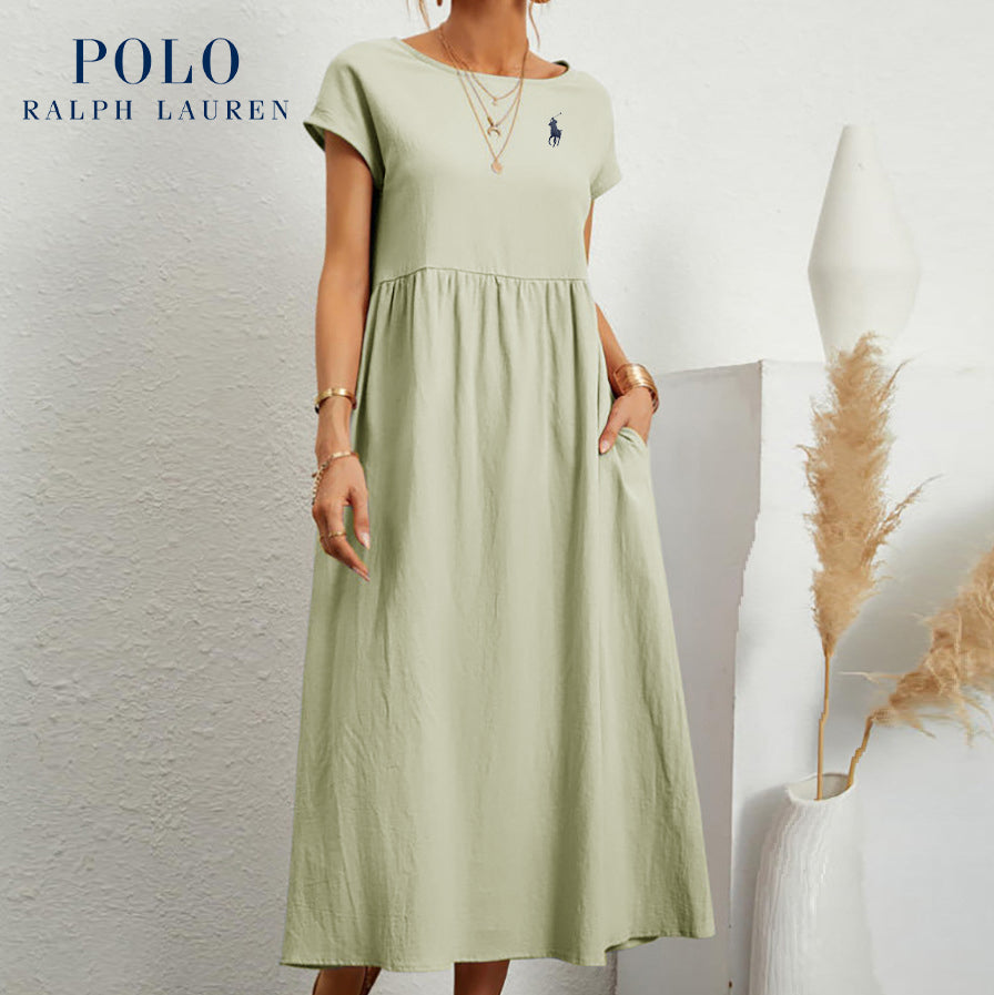Robe ample en coton et lin, manches courtes, couleur unie, avec poches, col rond et plis