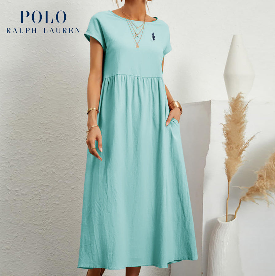 Robe ample en coton et lin, manches courtes, couleur unie, avec poches, col rond et plis