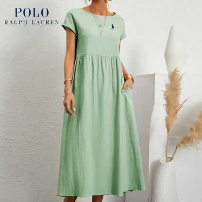 Robe ample en coton et lin, manches courtes, couleur unie, avec poches, col rond et plis