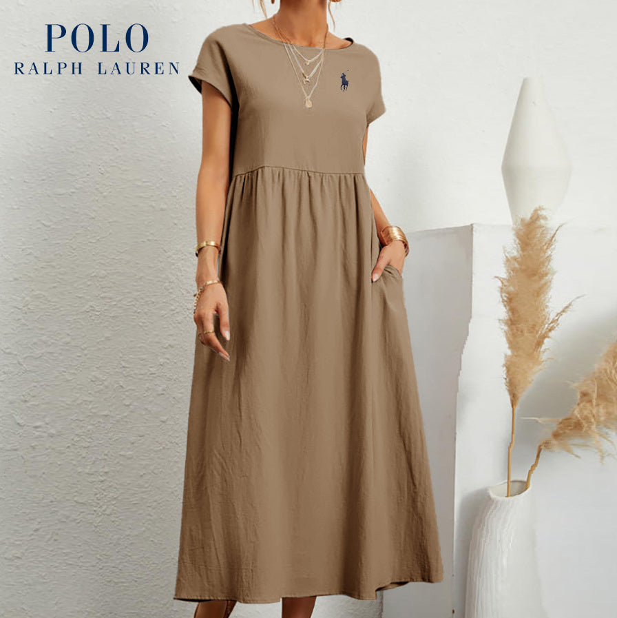 Robe ample en coton et lin, manches courtes, couleur unie, avec poches, col rond et plis