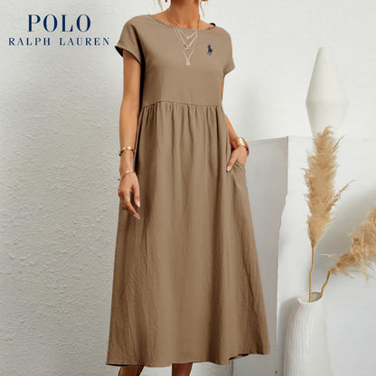 Robe ample en coton et lin, manches courtes, couleur unie, avec poches, col rond et plis