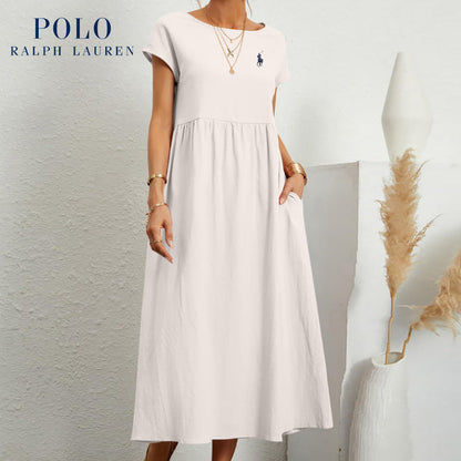 Robe ample en coton et lin, manches courtes, couleur unie, avec poches, col rond et plis