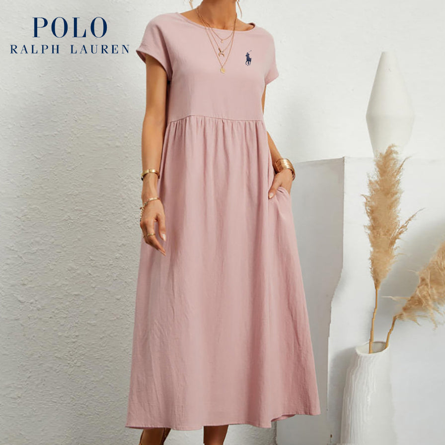 Robe ample en coton et lin, manches courtes, couleur unie, avec poches, col rond et plis