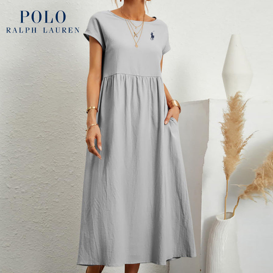 Robe ample en coton et lin, manches courtes, couleur unie, avec poches, col rond et plis