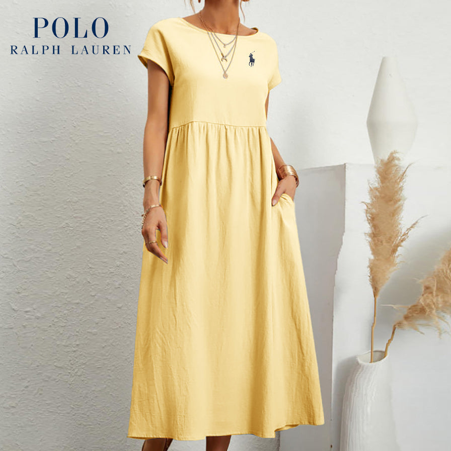 Robe ample en coton et lin, manches courtes, couleur unie, avec poches, col rond et plis