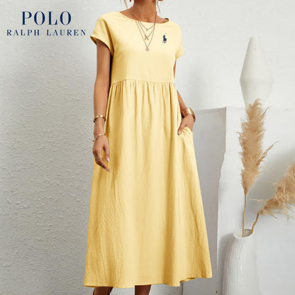 Robe ample en coton et lin, manches courtes, couleur unie, avec poches, col rond et plis
