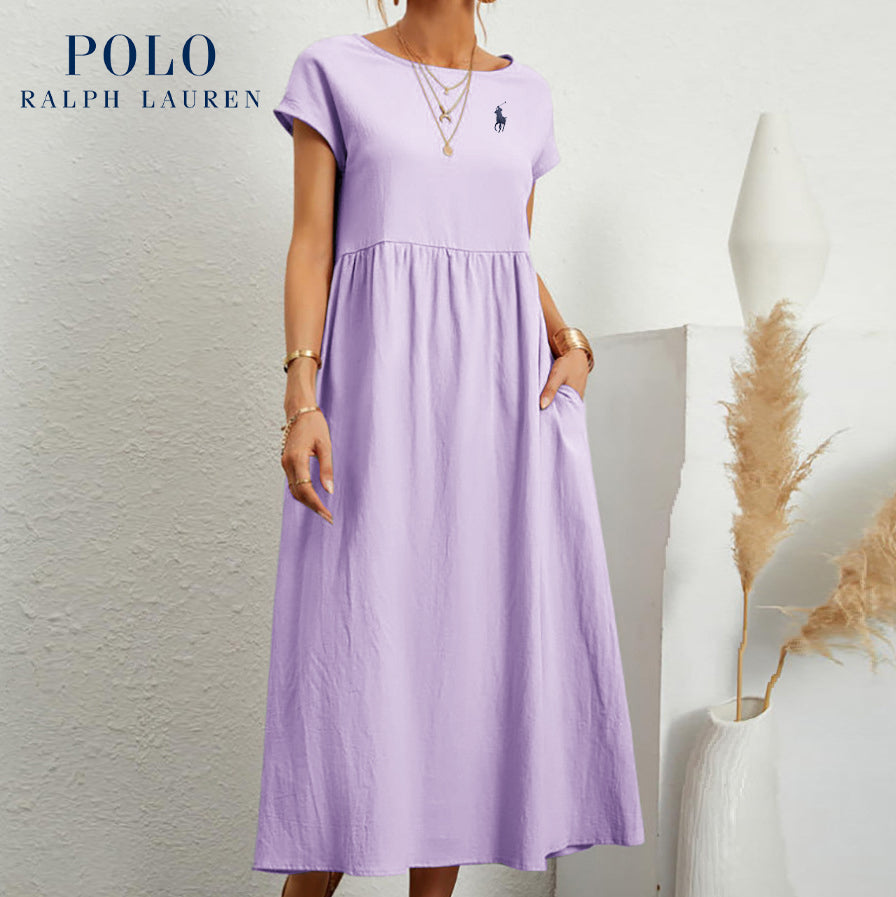 Robe ample en coton et lin, manches courtes, couleur unie, avec poches, col rond et plis