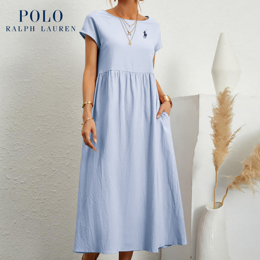 Robe ample en coton et lin, manches courtes, couleur unie, avec poches, col rond et plis