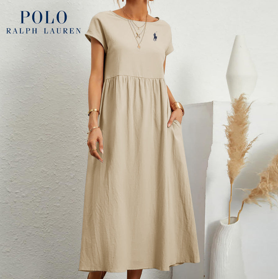 Robe ample en coton et lin, manches courtes, couleur unie, avec poches, col rond et plis