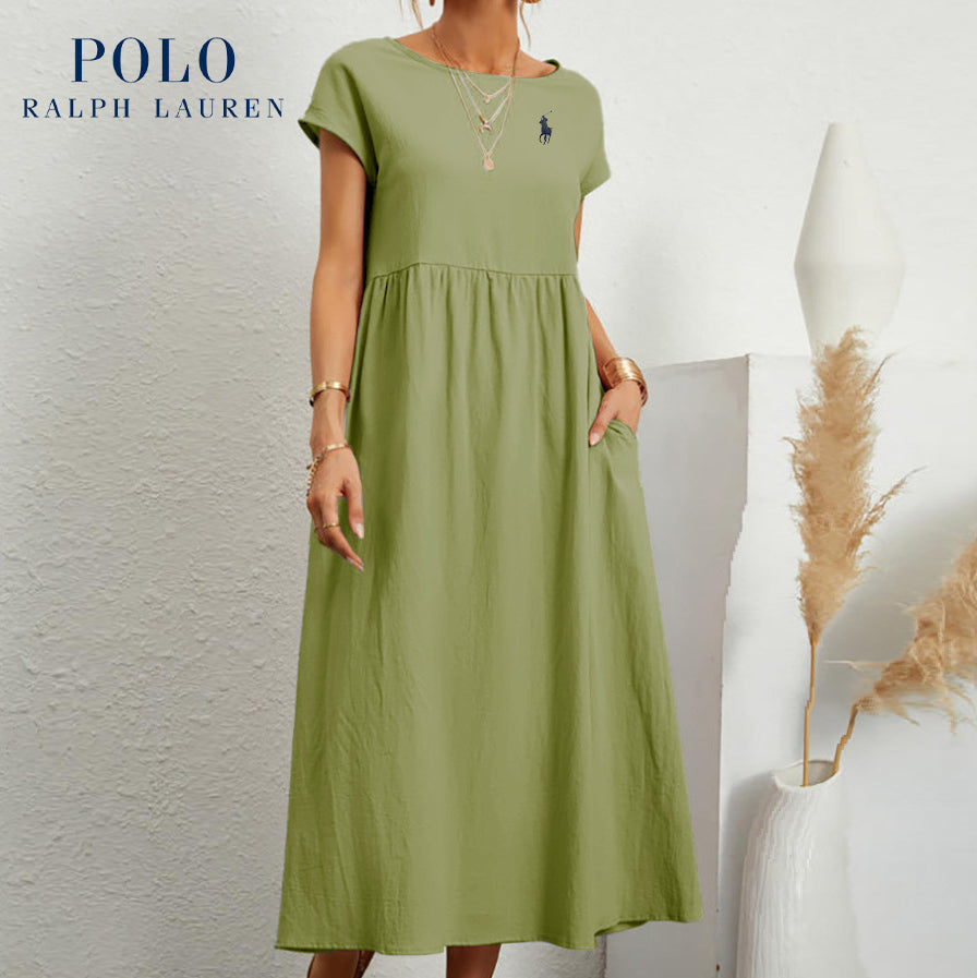 Robe ample en coton et lin, manches courtes, couleur unie, avec poches, col rond et plis