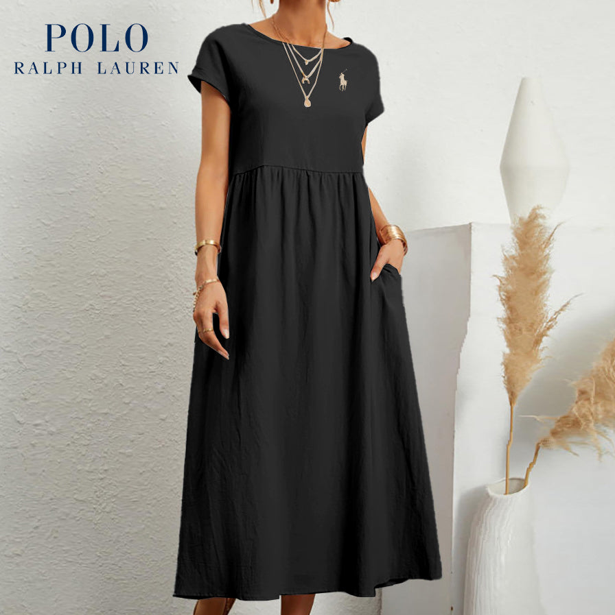 Robe ample en coton et lin, manches courtes, couleur unie, avec poches, col rond et plis