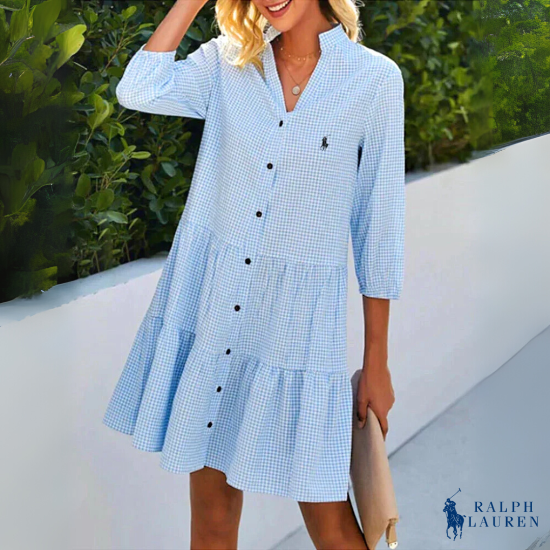 Robe Chemise Gingham d'Été à Col V et Boutonnage