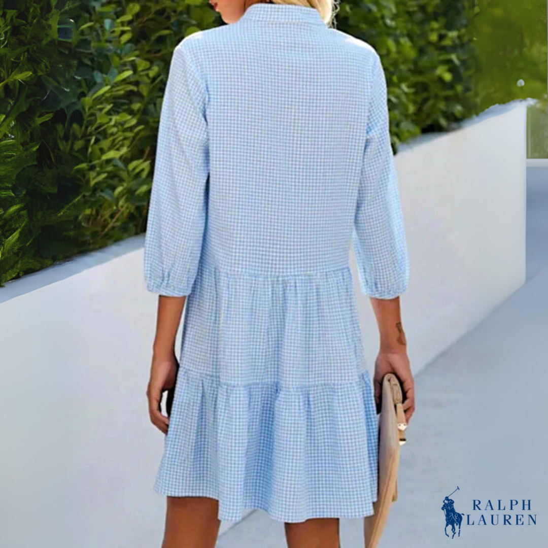 Robe Chemise Gingham d'Été à Col V et Boutonnage