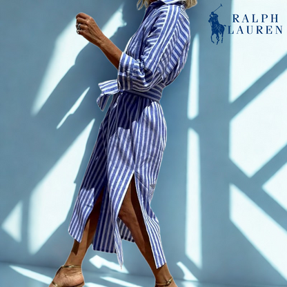 R. Ꮮаᴜгеn Robe-Chemise Rayée à Taille Ajustable