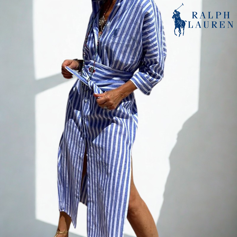 R. Ꮮаᴜгеn Robe-Chemise Rayée à Taille Ajustable