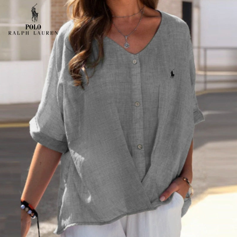 Chemise en lin à col en V et volant pour femme RL