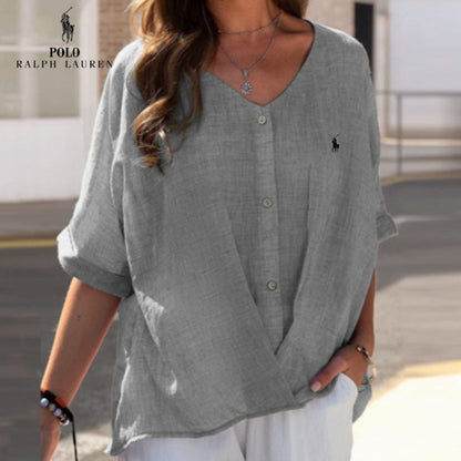 Chemise en lin à col en V et volant pour femme RL