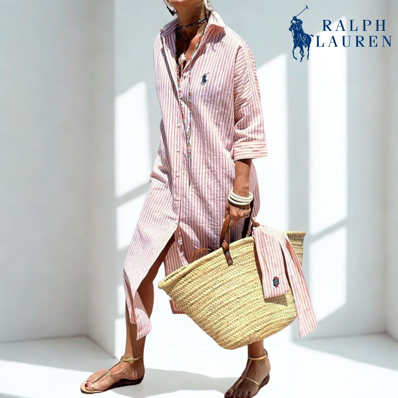 R. Ꮮаᴜгеn Robe-Chemise Rayée à Taille Ajustable