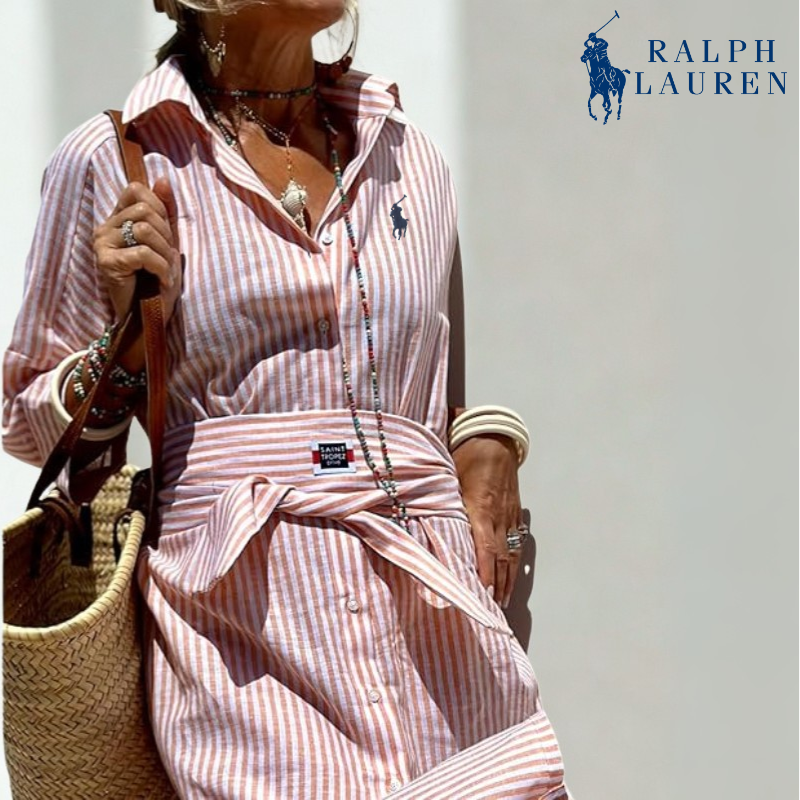 R. Ꮮаᴜгеn Robe-Chemise Rayée à Taille Ajustable