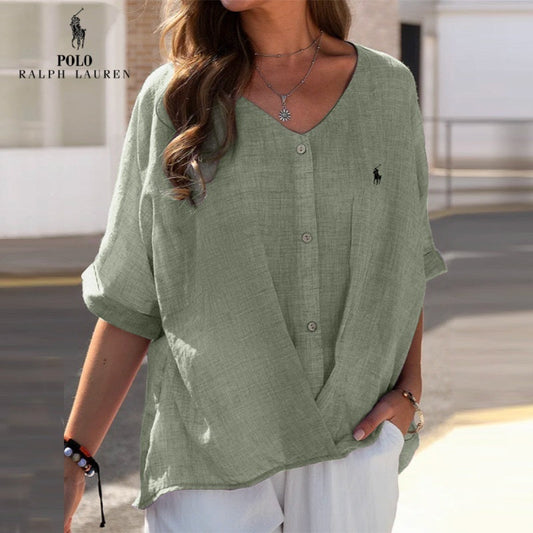 Chemise en lin à col en V et volant pour femme RL