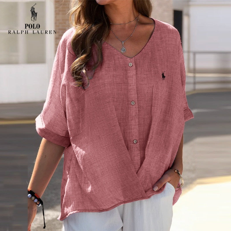 Chemise en lin à col en V et volant pour femme RL