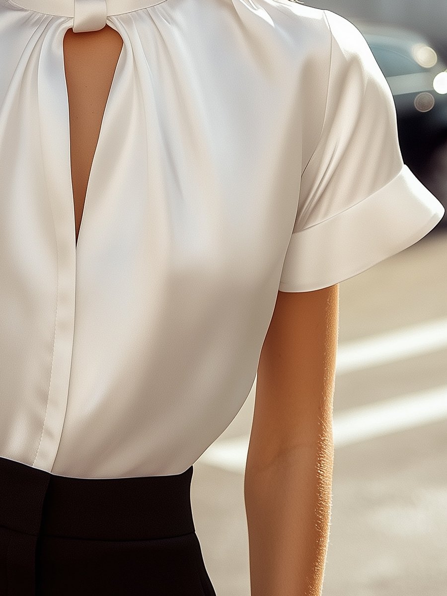 Blouse En Satin Blanche Sophistiquée Avec Encolure Moderne À Découpe